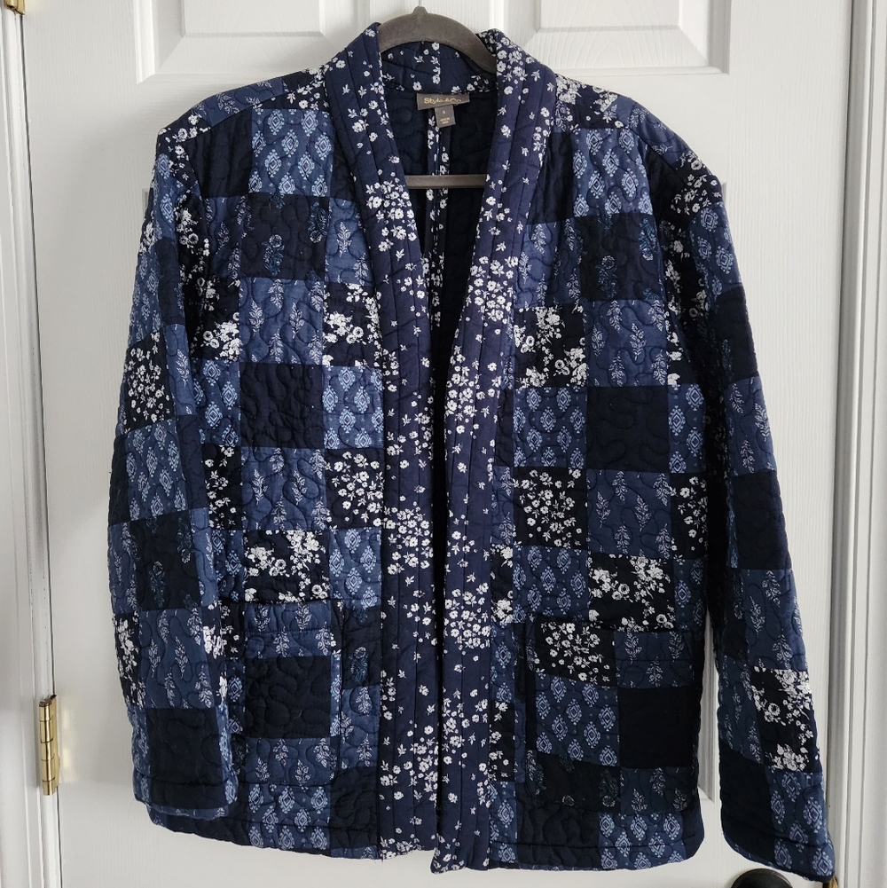 Style & Co. Patchwork Quilted Jacket in Blue and White